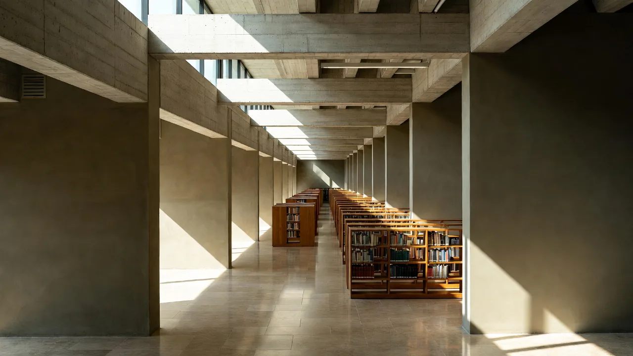 Sunlight falls across concrete walls and long rows of bookshelves in a quiet library.
